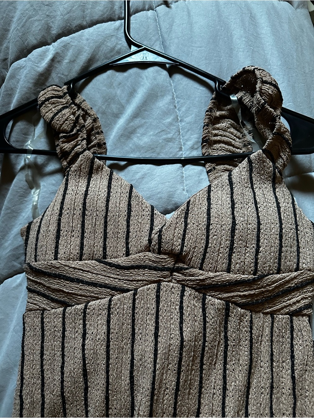 Striped Textured Tan & Black Sleeveless Dress